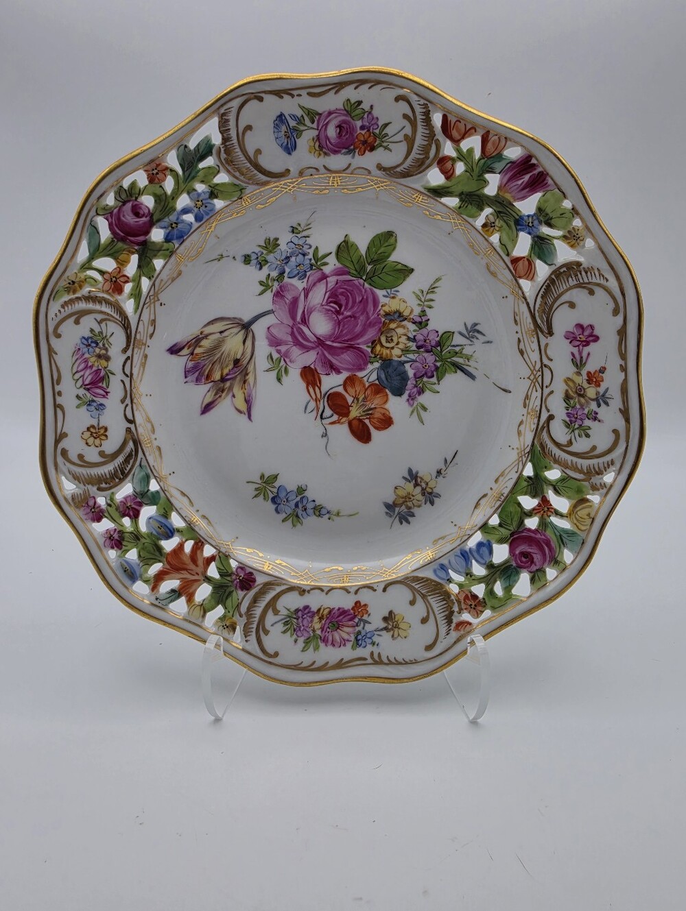 VTG/Antique Dresden Carl Thieme Reticulated Porcelain Plate 7.75" Hand Painted